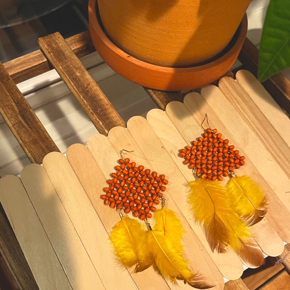 Boho burnt orange wooden beaded statement earrings with yellow-brown gradient